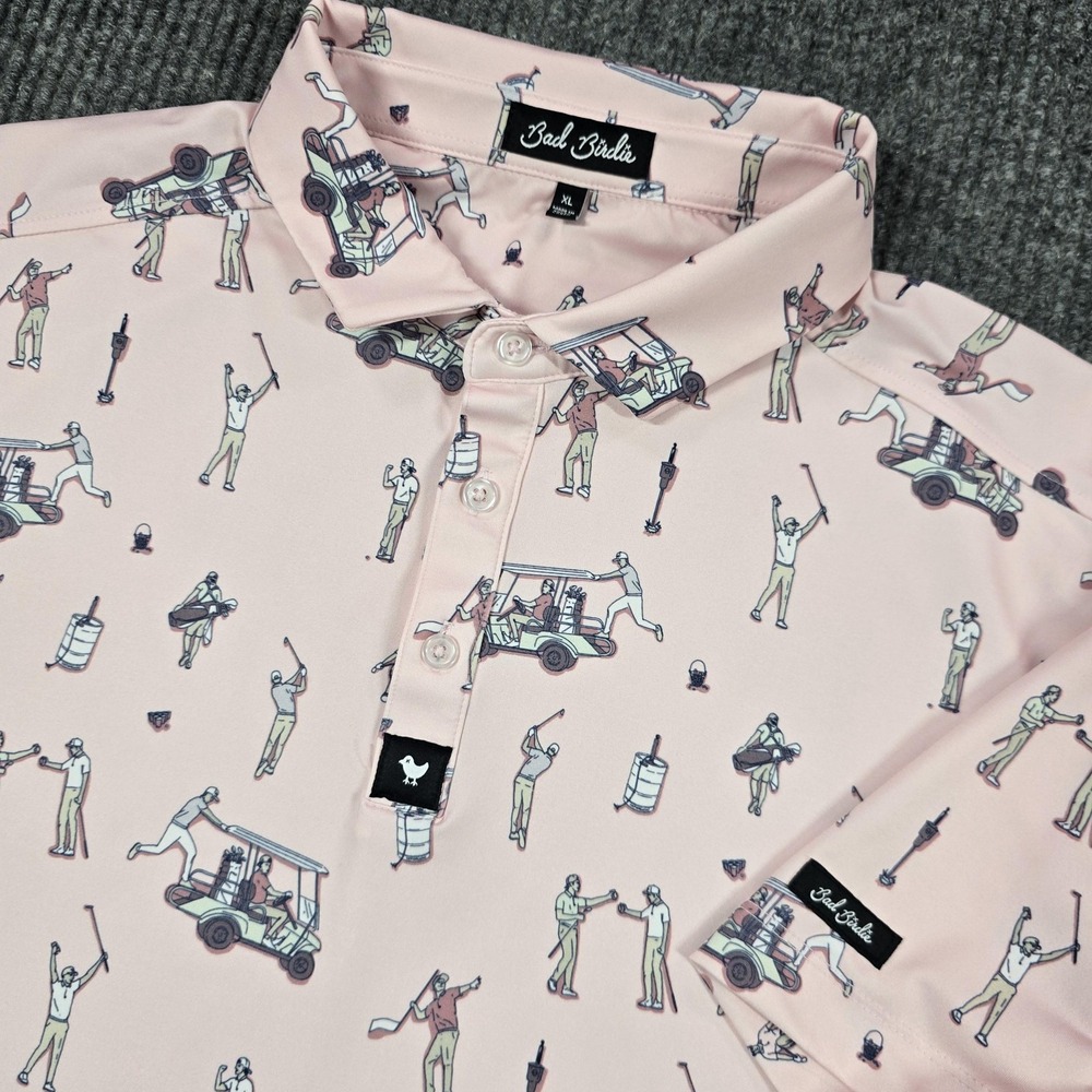 Bad Birdie Polo Shirt Mens XL Pink Golf Cart Print Stretch Lightweight Golf